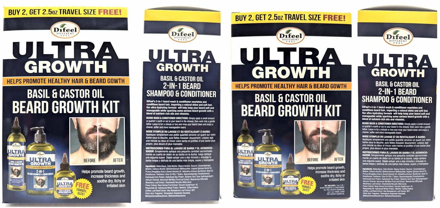 Difeel Men's Ultra Growth Beard Care 3-PC Gift Set for Men - Includes 2-in-1 Beard Shampoo & Conditioner 12oz, Beard Growth Oil 8oz, and Bonus Travel Beauty and Personal Care Difeel