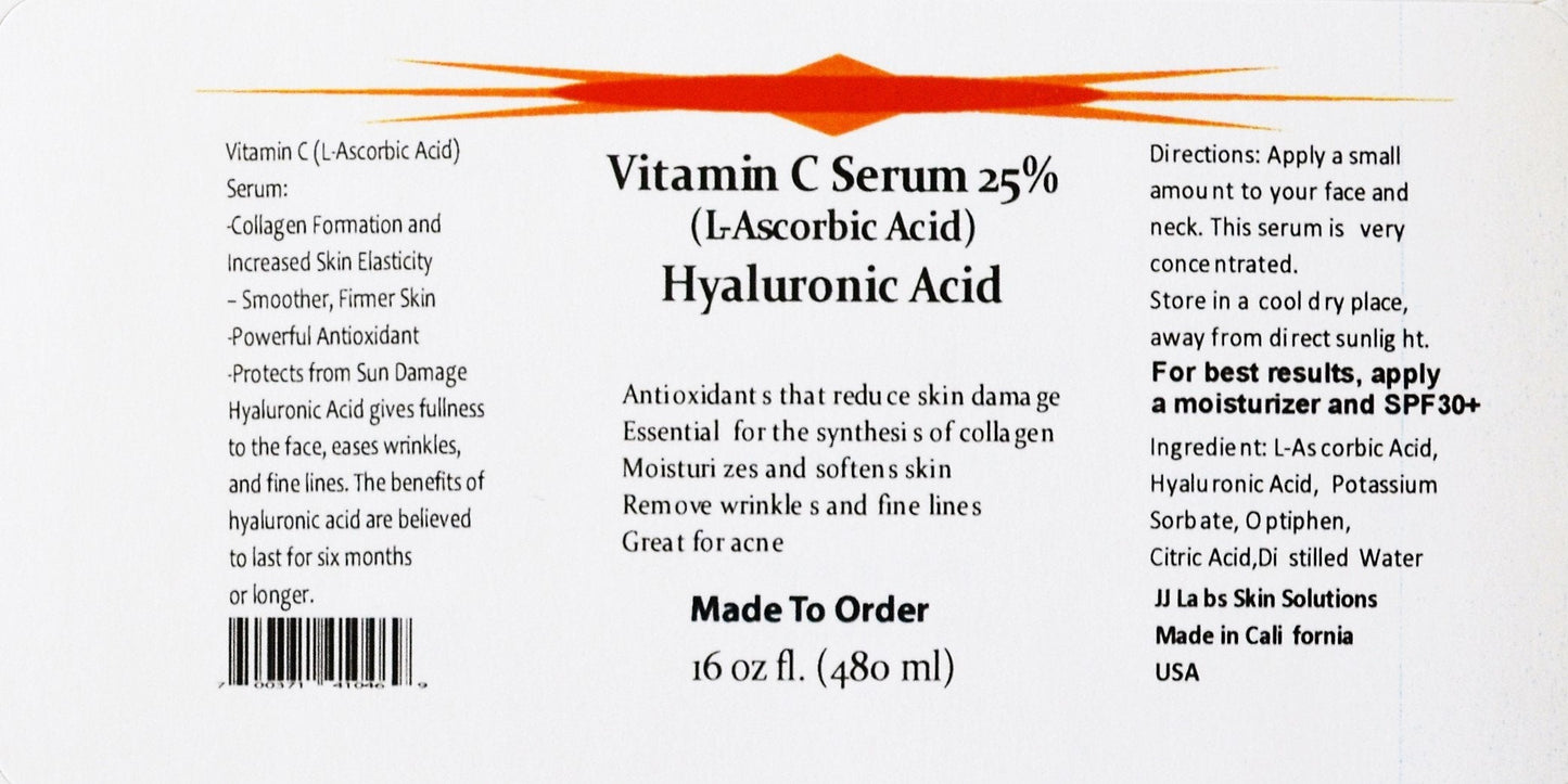 Vitamin C Skin Serum 25% (L-ascorbic Acid) with Pure Hyaluronic Acid Anti Aging Serum (32oz) Beauty & Personal Care JJ Labs Skin Solutions