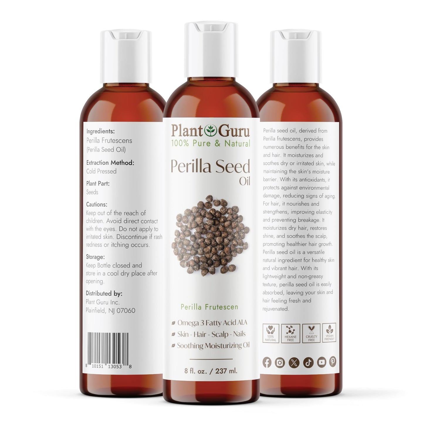 Plant Guru Perilla Seed Oil 8 fl. oz. Cold Pressed 100% Pure & Natural Carrier - Ideal for Skin, Face, Body, and Hair Moisturizer. Great for DIY Beauty & Personal Care Plant Guru