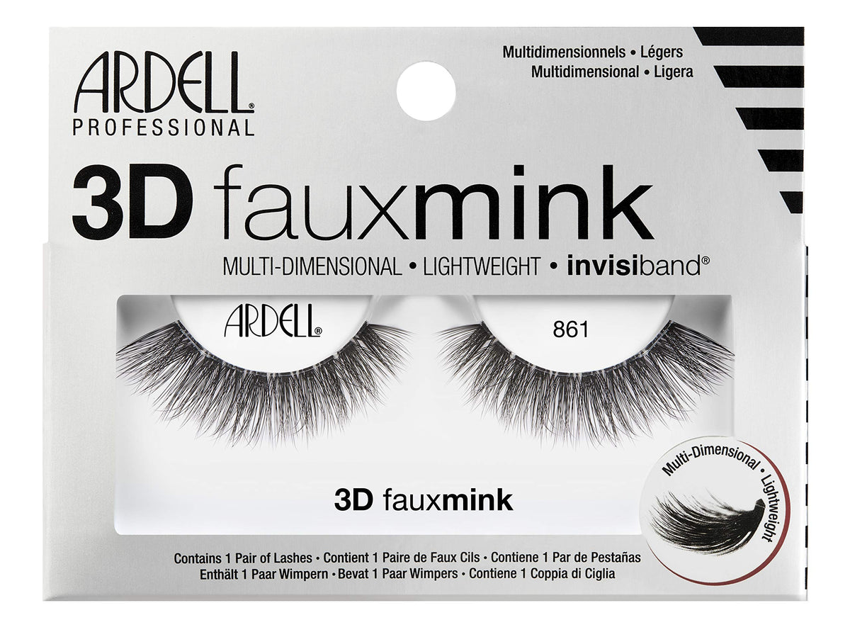 Ardell False Eyelashes 3D Faux Mink Lashes, 861 - Lightweight Reusable Strip Lashes with Invisiband, Ultra-Fluffy Volume for a Bold and Dramatic Look