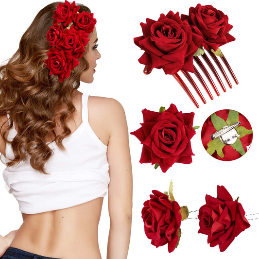 4 Pieces Rose Flower Hair Clip Big Rose Brooch Floral Clips Mexican Flower Hair Accessories for Woman Flamenco Dancer Bridal Party Wedding Beauty & Personal Care WILLBOND