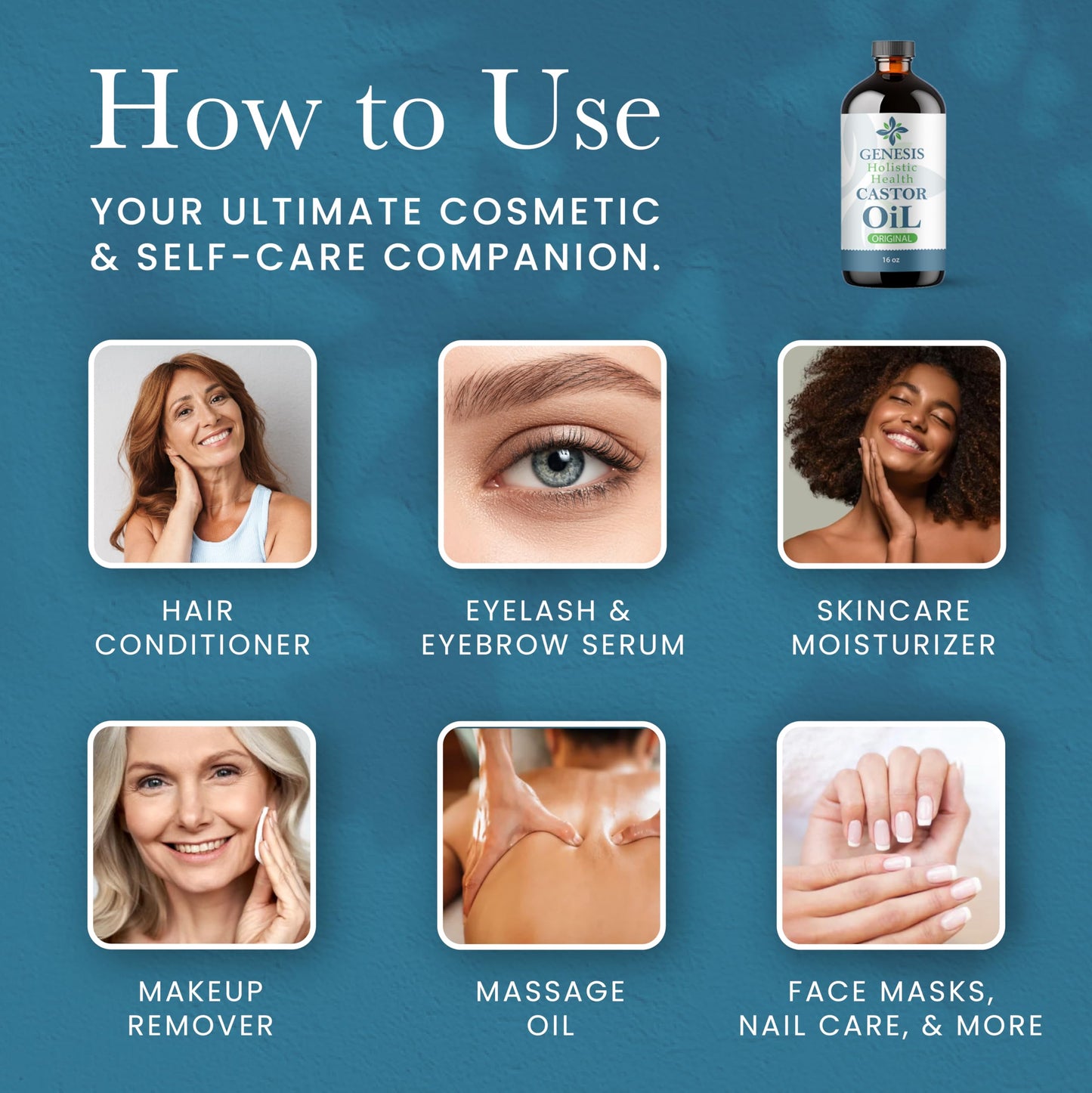 Genesis Holistic Health Organic Castor Oil - 100% Pure, Cold Pressed, Hexane Free - Nourishing Hair & Skin Oil - Eyelash & Eyebrow Growth, Deep Beauty & Personal Care Genesis Holistic Health