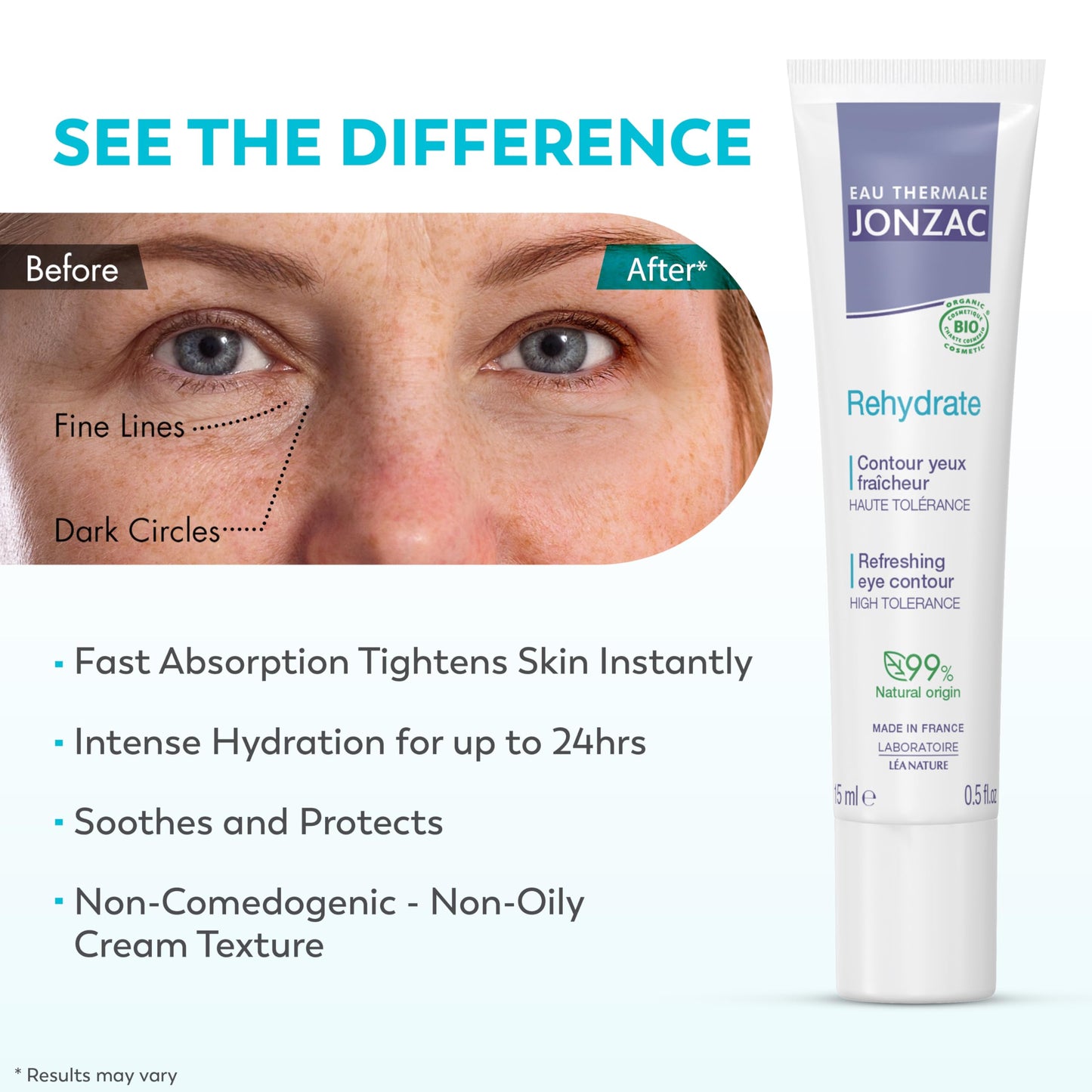 Eau Thermale Jonzac Rehydrate Organic Refreshing Eye Contour Cream - Soothing Hydration with Hyaluronic Acid For Dark Circles - For Sensitive Skin Beauty & Personal Care JONZAC