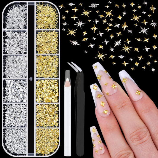 660Pcs 3D Star Nail Charms, Gold & Silver Multi-Shapes Metallic Nail Art Gems,Bedazzling Small Nail Beads Craft Jewels Y2K Cross Nail Rhinestones Beauty and Personal Care BELLEBOOST Default Title