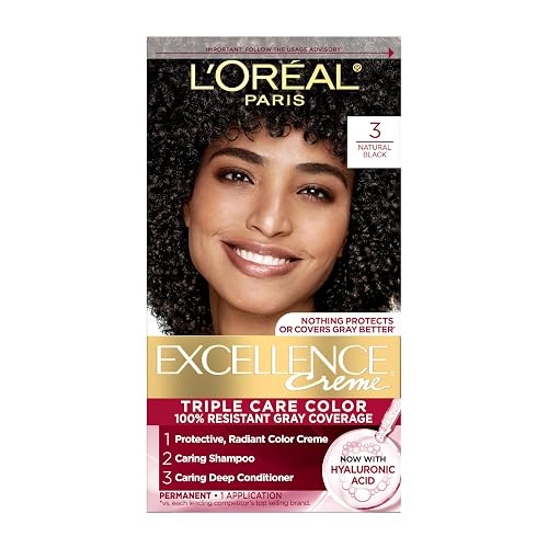 L'Oreal Paris Excellence Crème Permanent Hair Dye, Triple Care Hair Color with Hyaluronic Acid for 100% Gray Coverage, 3 Natural Black, 1 Kit Beauty & Personal Care L'Oreal Paris