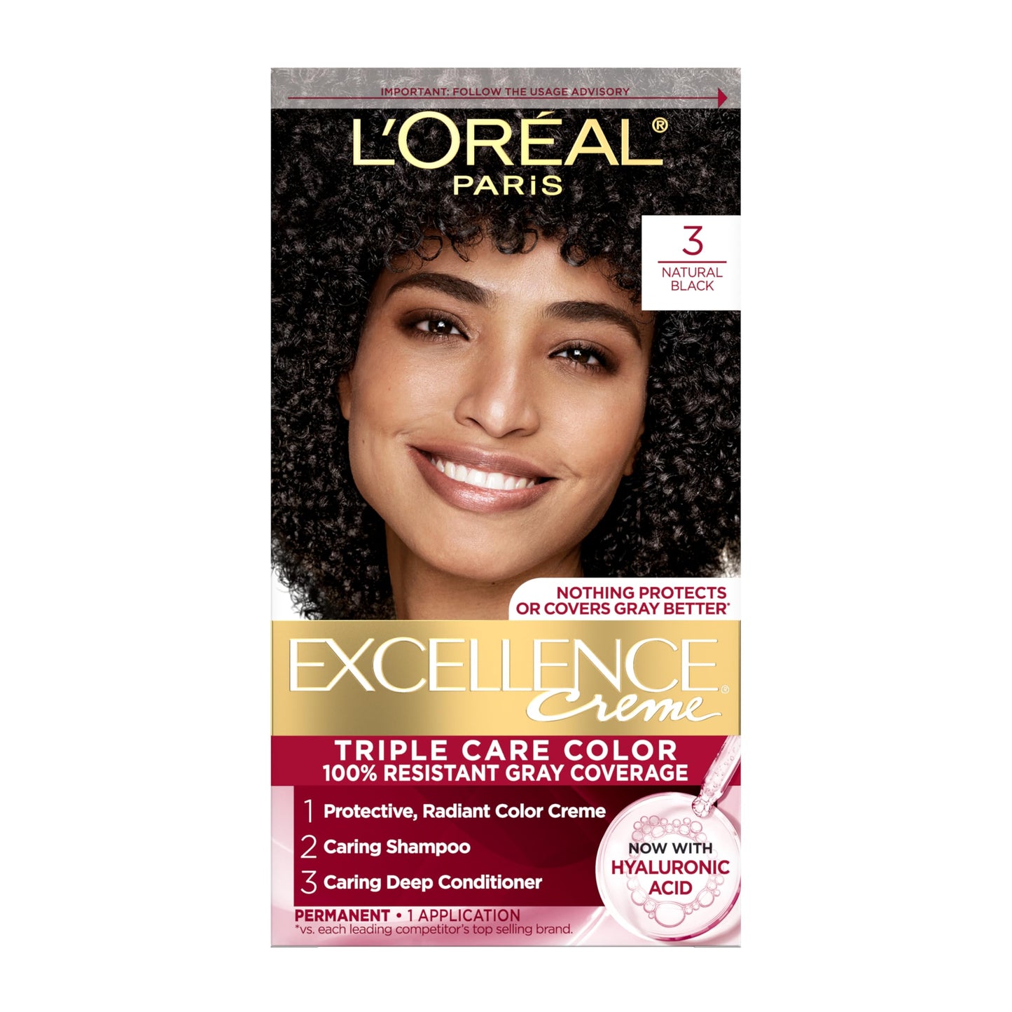 L'Oreal Paris Excellence Crème Permanent Hair Dye, Triple Care Hair Color with Hyaluronic Acid for 100% Gray Coverage, 3 Natural Black, 1 Kit Beauty & Personal Care L'Oreal Paris