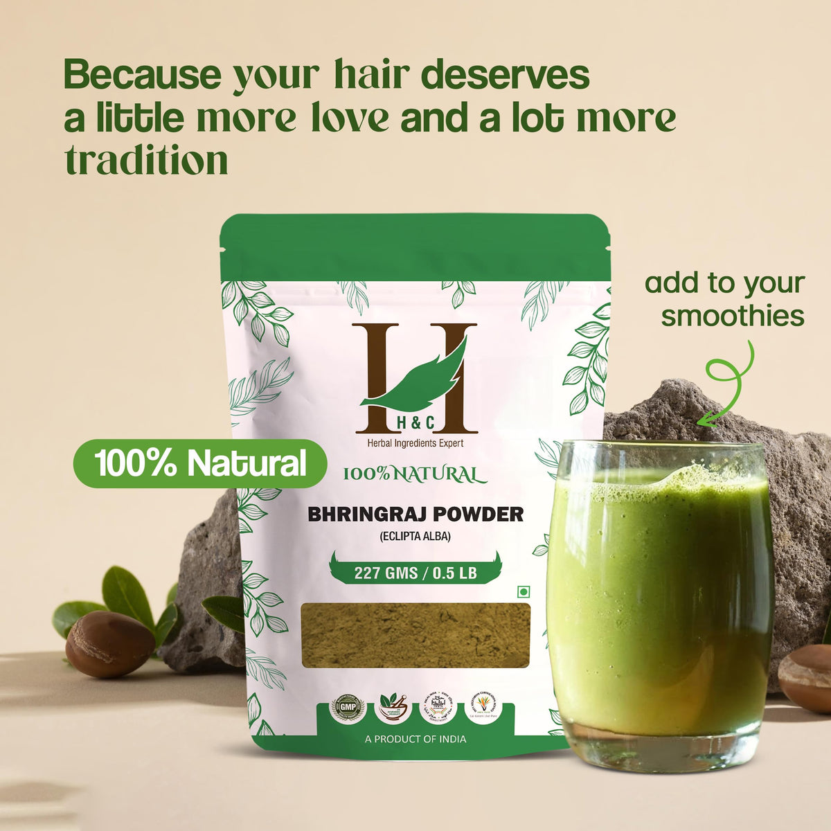 H&C Natural Bhringraj Powder for Hair (227g / 0.5 LB/ 08 oz) - Hair Growth Rejuvenator from Indian Ayurveda