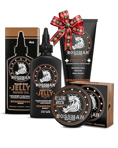 Bossman Essentials Beard Kit for Men, Set of 3 - Beard Oil Jelly, Fortifying Conditioner Cream, Beard Balm - Grooming Growth Care Accessories - Gift Beauty & Personal Care Bossman