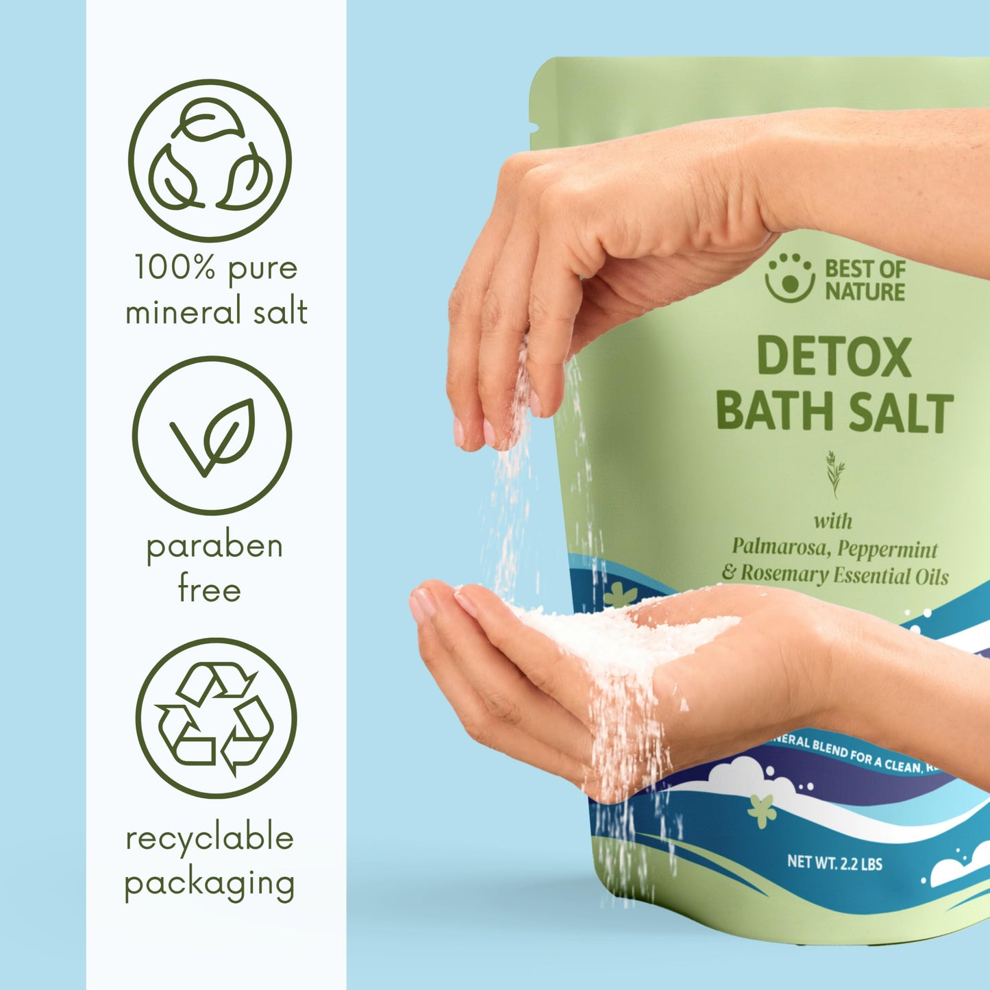 Best of Nature Detox Epsom Salt Bath Soak with Peppermint, Rosemary & Palmarosa Essential Oils, Mineral-Rich Bath Salts, Resealable Bag, 2.2 lb Beauty and Personal Care Best of Nature