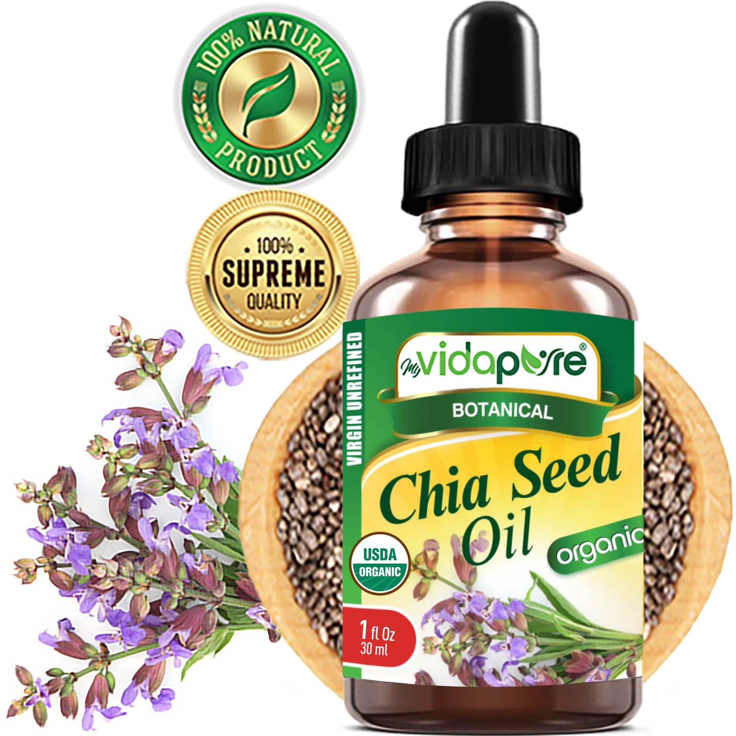 MYVIDAPURE Organic CHIA SEED OIL Certified Organic 100% Natural Pure VIRGIN UNREFINED Undiluted Cold Pressed Carrier Oil for Face Skin Body Hair Lip Beauty & Personal Care MYVIDAPURE