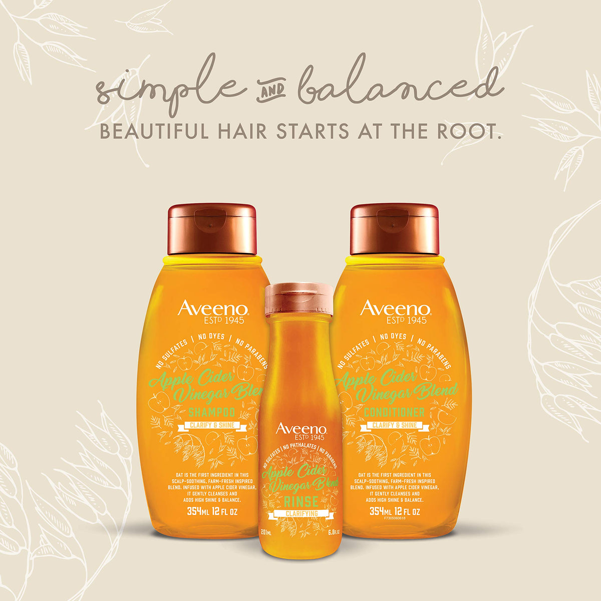 Aveeno Apple Cider Vinegar Clarifying In-Shower Rinse for Balanced, Shiny Hair - Sulfate-Free, pH-Balancing Treatment for Oily or Dull Hair, Paraben &