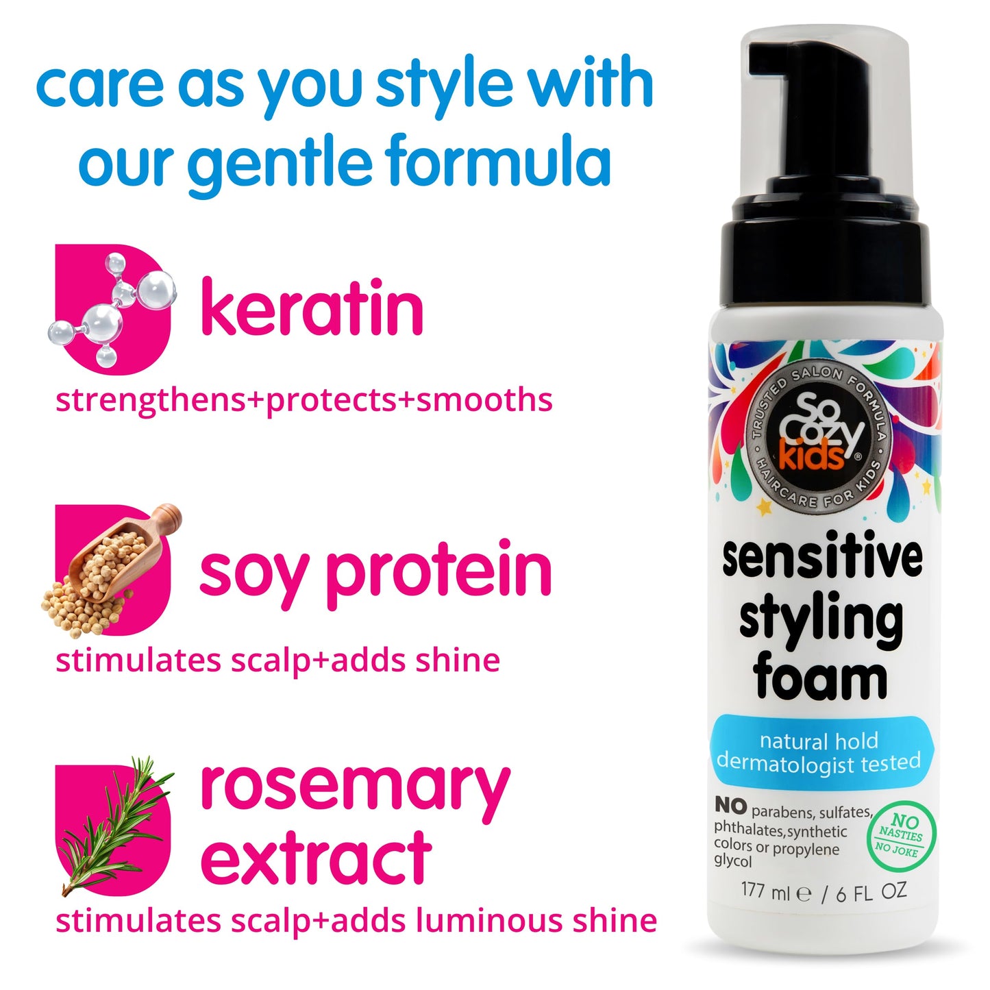 SoCozy Kids Sensitive Styling Foam - Sensitive Foam For Kids w/Straight or Curly Hair - Gentle Natural Hold Styler, Rosemary (6 fl oz) Beauty & Personal Care SO COZY