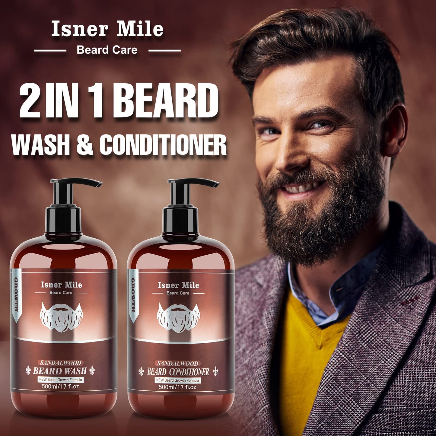 ISNER MILE Beard Wash & Conditioner Set for Men - 17 oz Shampoo with Biotin, Argan & Jojoba Oils for Smooth, Soft, and Strengthened Beard - Sandalwood Beauty & Personal Care ISNER MILE