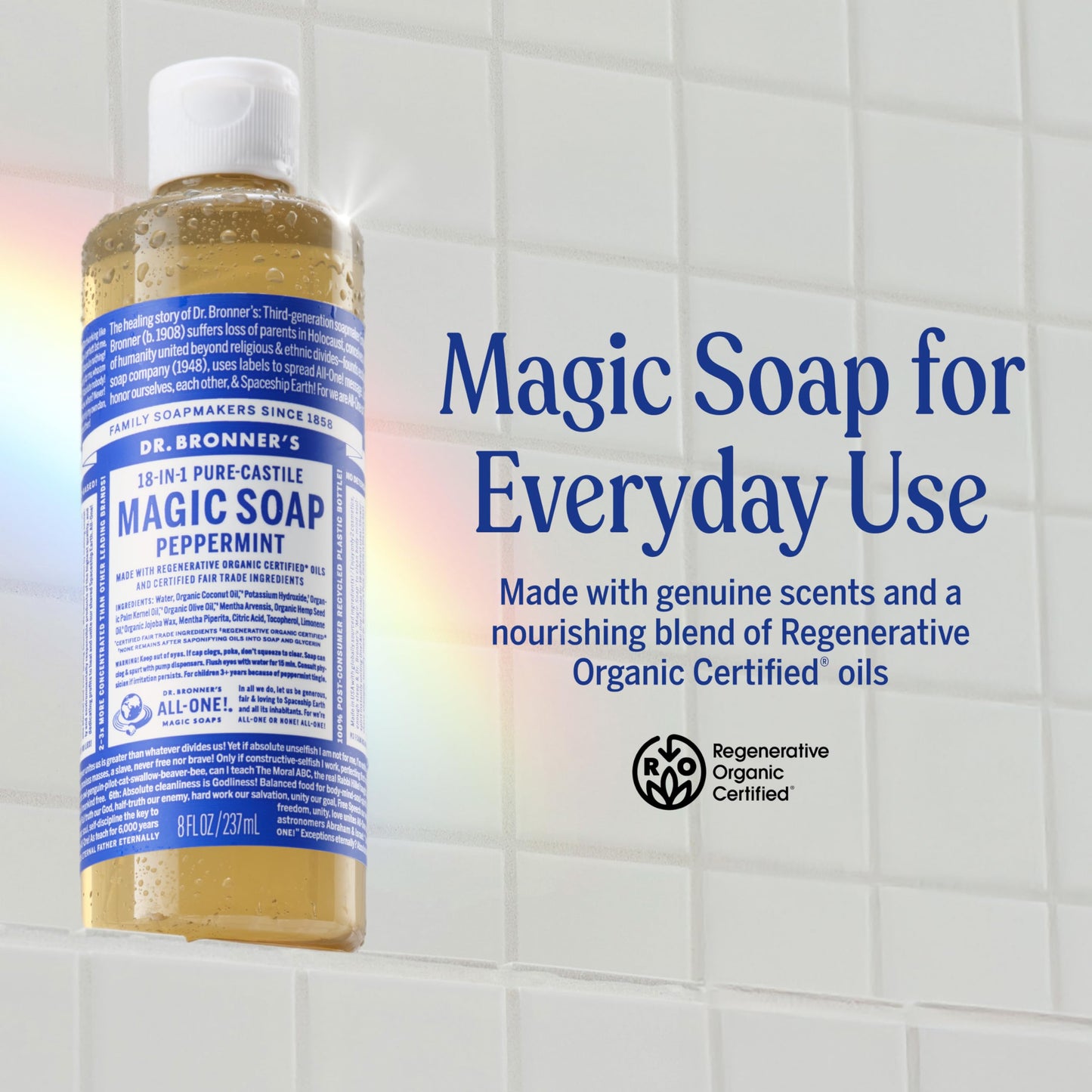 Dr. Bronner's Pure-Castile Magic Liquid Soap (Peppermint, 8 Ounce)- Made with Organic Oils, 18-in1 Uses: Face, Hair, Hand & Body Soap, Laundry, Pets Beauty & Personal Care Dr. Bronner's