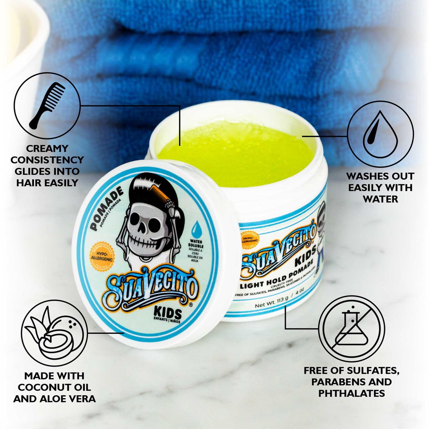 Suavecito Kid's Pomade Calming Chamomile Scent Light Hold 4 oz. - Water Based Flake Free Hair Gel - Dermatologist-Tested, Hypoallergenic Formula Beauty & Personal Care Suavecito
