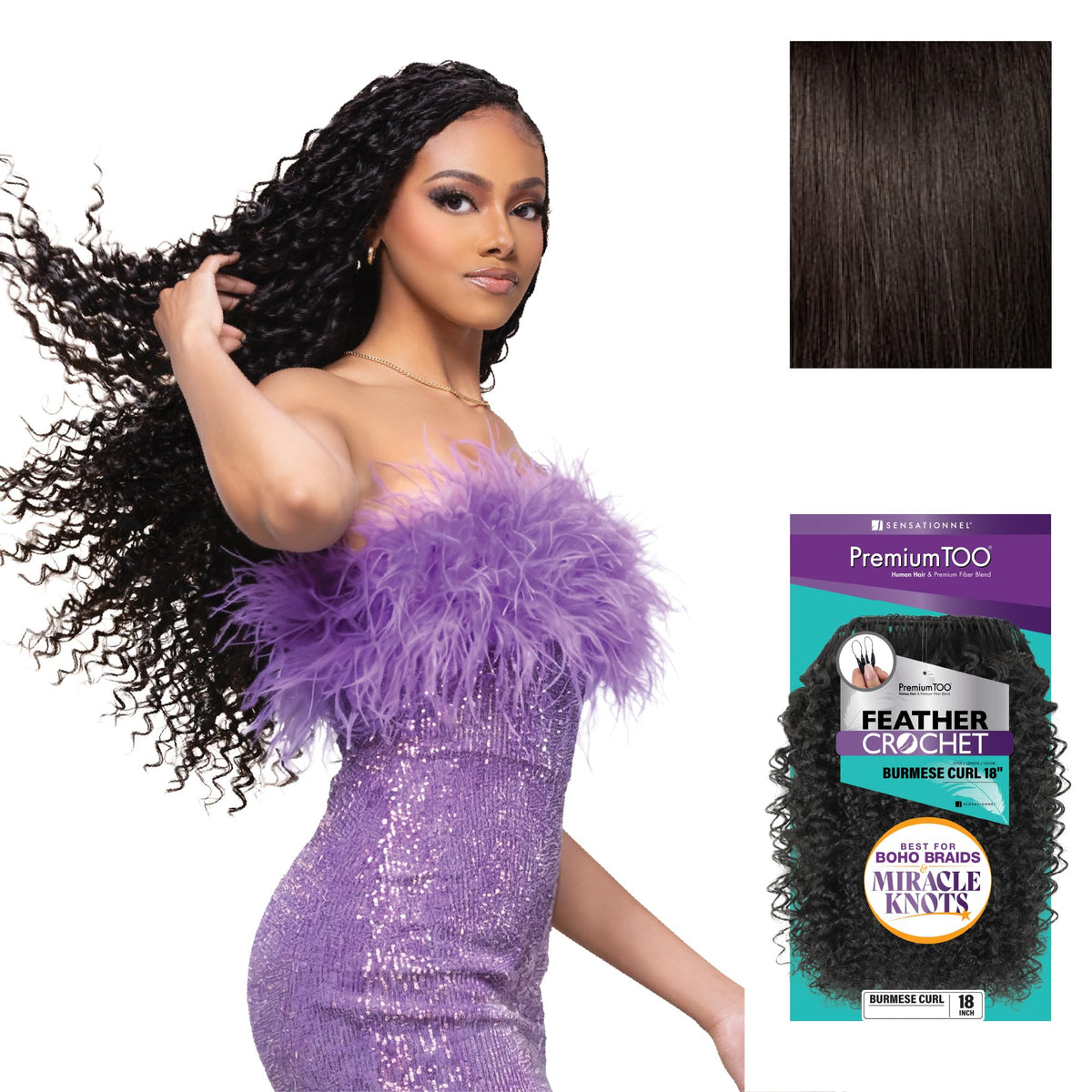 Sensationnel PremiumToo Feather Crochet Braid-Burmese Curl,18in,2 DARKBROWN