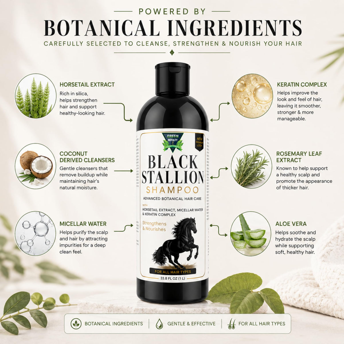 Green Royalty Black Stallion Premium Shampoo, Cola de Caballo & Biotin Hair Care, Fuller-Looking, Soft & Manageable Hair, 33.8 fl oz (1 L)