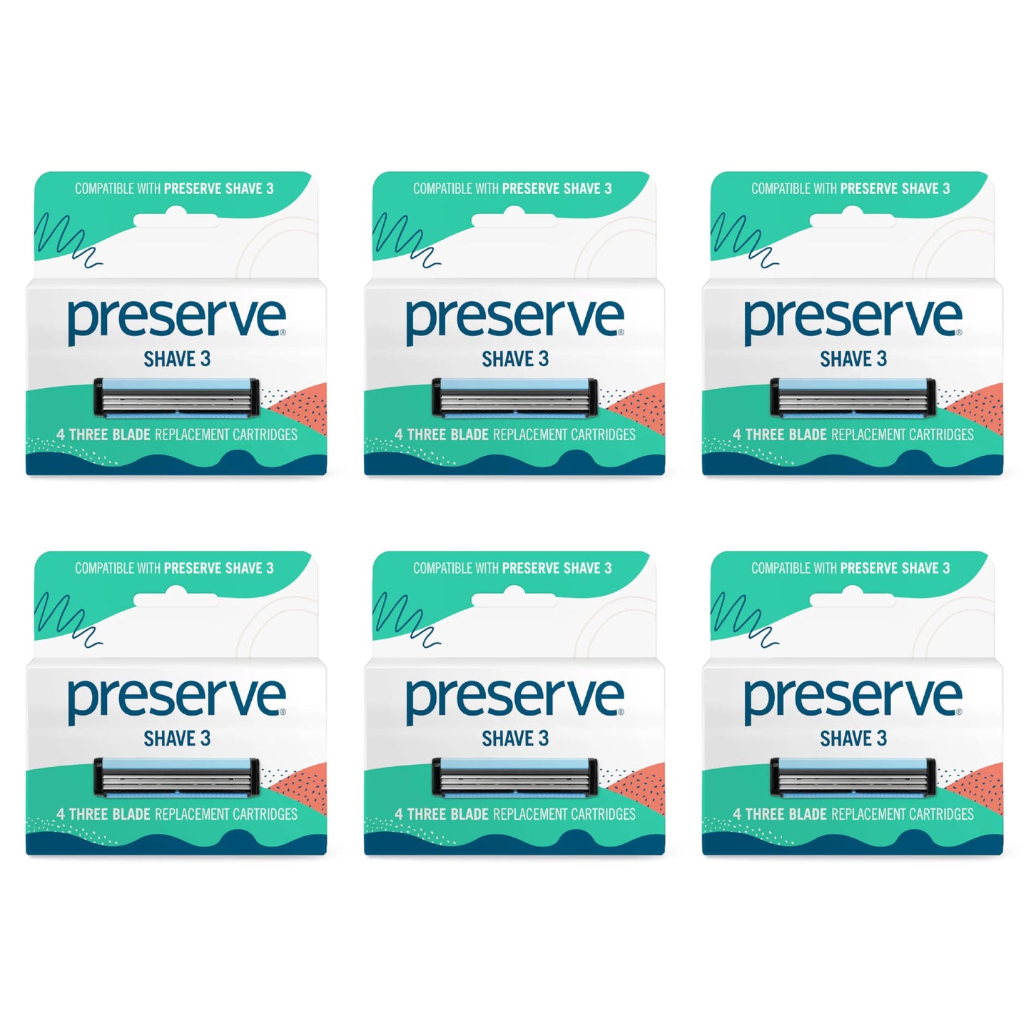 Preserve Shave 3 Razor Blade Refills, Titanium-Coated 3 Blade Cartridges with Vitamin E & Aloe - Eco Friendly, Cruelty Free, Unisex Shaving for Face Beauty and Personal Care Preserve