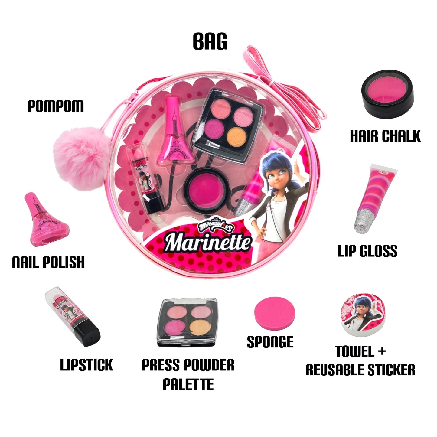 Miraculous Ladybug Kids Makeup Set - 10 Piece Bag with Nail Polish, Hair Chalk, Stickers & More - Safe, Non-Toxic Pretend Play Cosmetics - Marinette Beauty & Personal Care Miraculous