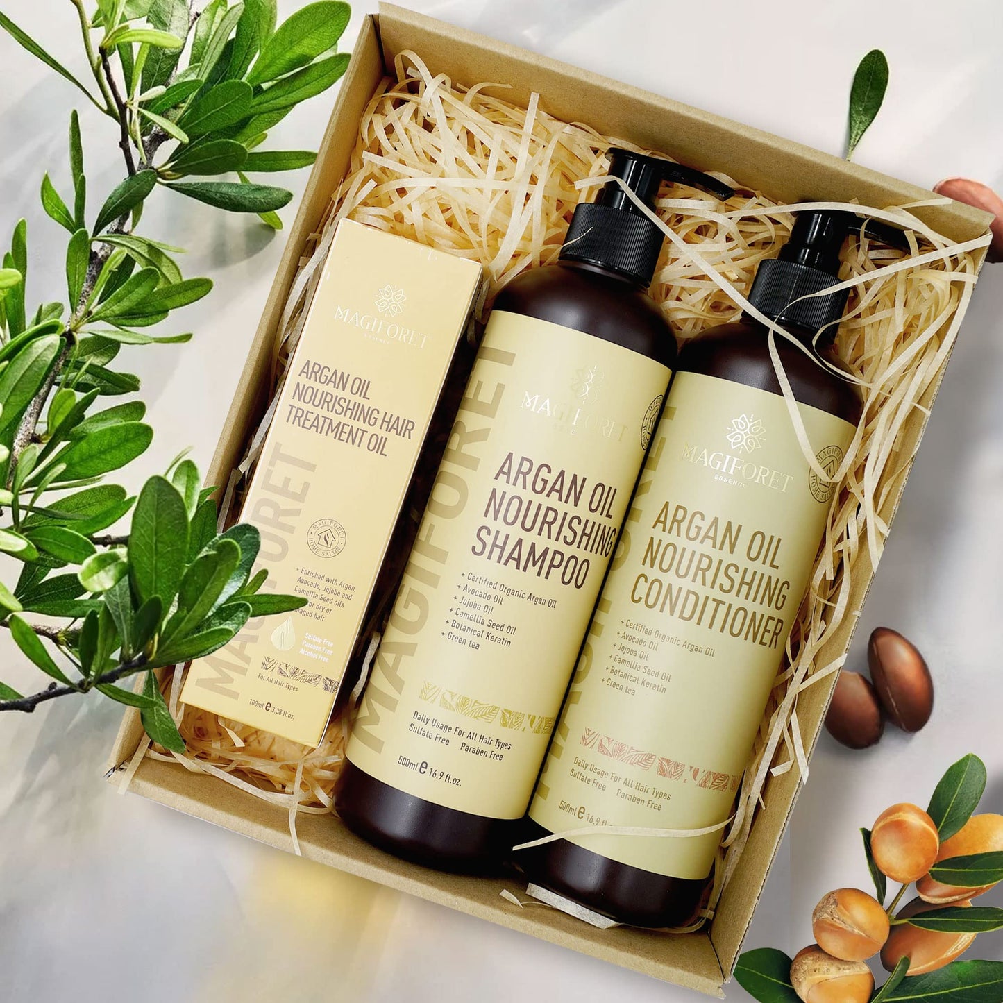MagiForet Argan Oil Nourishing Daily Care Set, Shampoo 500ml + Conditioner 500ml + Hair Serum 100ml, Sulfate Free Paraben Free, Soft & Smooth, Gentle Beauty & Personal Care MagiForet