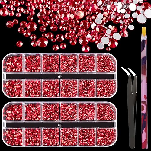 3440PCS 6 Sizes Red Glass Crystal Kit with Pickup Pen + Tweezer Tools for Iridescent Shine Nail Art Manicure Makeup DIY Deco Flatback Round Bead Beauty & Personal Care BELLEBOOST