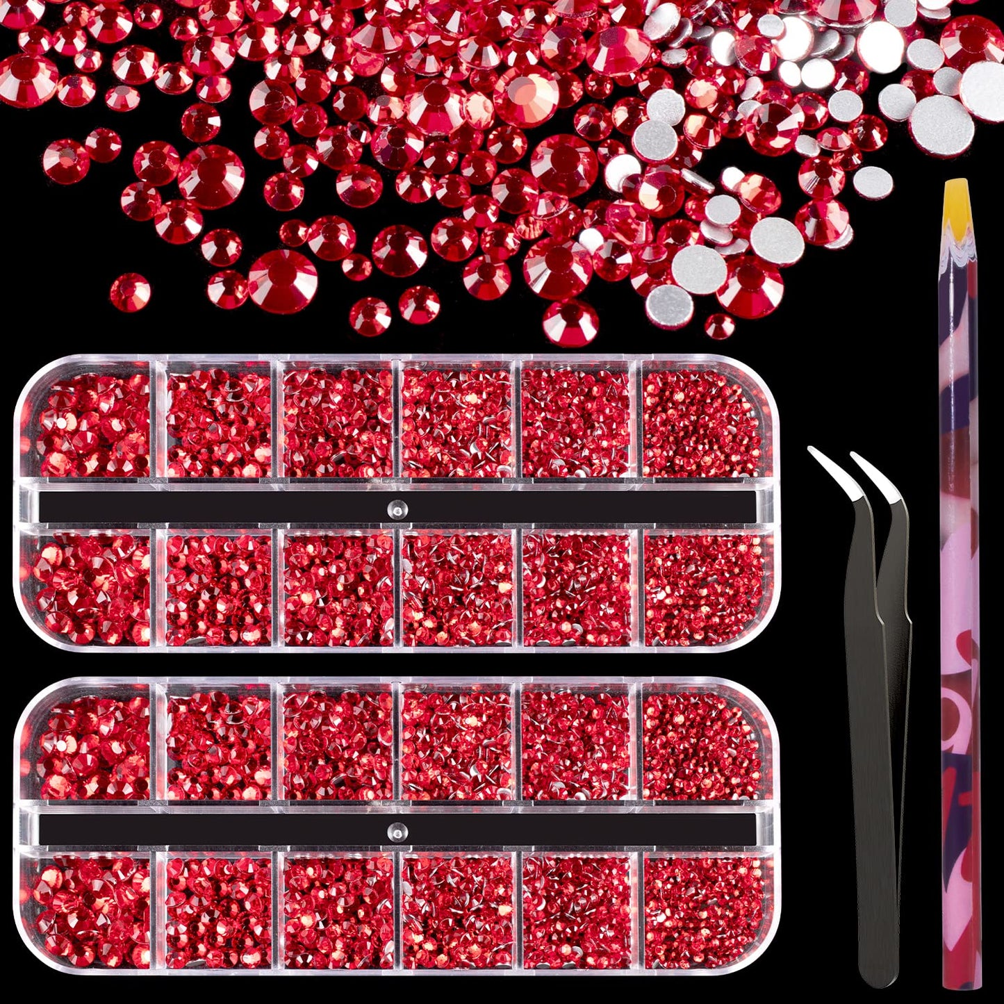 3440PCS 6 Sizes Red Glass Crystal Kit with Pickup Pen + Tweezer Tools for Iridescent Shine Nail Art Manicure Makeup DIY Deco Flatback Round Bead Beauty & Personal Care BELLEBOOST