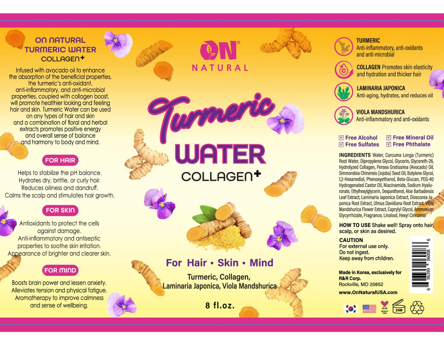 Turmeric Water Collagen Facial and Hair Mist, 8oz Facial and Hair Mist Beauty & Personal Care On Natural
