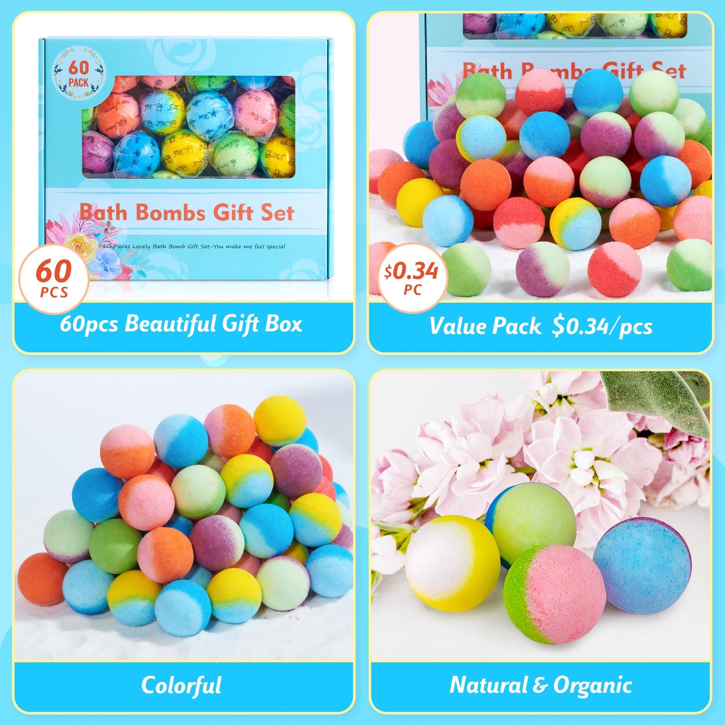 60 Pack Bath Bombs Set, Christmas Stocking Stuffers, Birthday Gift Set for Women, Natural Organic Bath Bubble Bombs for Kids/Women/Men/Mom Beauty and Personal Care PickMora
