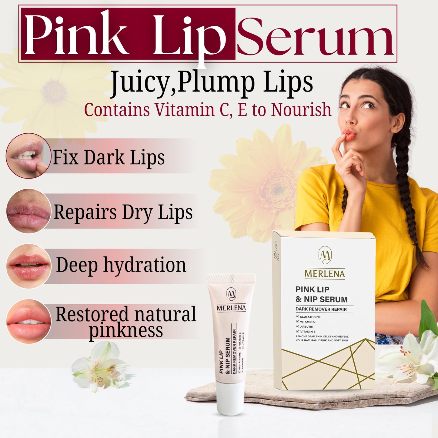 Merlena Pink Lip & Nip Serum - Hydrates and Repairs Dry, Peeling Lips and Nipples, Adds Collagen for Plumpness, Soothes Flaky Skin, Organic Vitamin C Beauty and Personal Care Nakarad