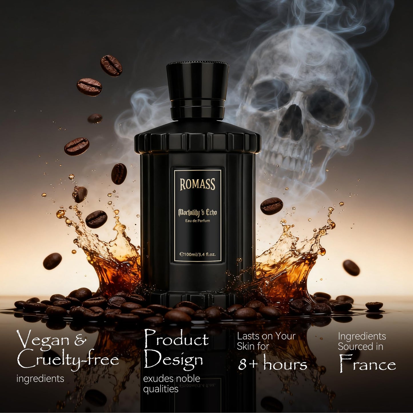 ROMASS Mortality’s Echo Luxe Perfume Unisex 3.4 oz 100 ml Long Lasting 8+ Hours with Rum Coffee Vetiver & Sandalwood Notes in Black Bottle Beauty & Personal Care ROMASS