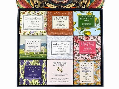 Crabtree & Evelyn Triple Milled Bar Soap 9 Pc Set 3.5 oz Each (Gardeners, Summer Hill, Nantucket, Iris, Goat Milk, Rosewater, Citron, Almond & Honey Beauty & Personal Care Crabtree & Evelyn