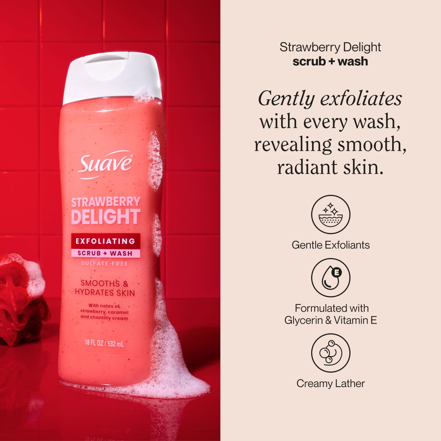 Suave Strawberry Delight Exfoliating Body Wash & Scrub with Glycerin & Vitamin E, Sulfate-Free Hydrating Cleanser for Soft, Smooth Skin, 18 FL OZ Beauty & Personal Care Suave
