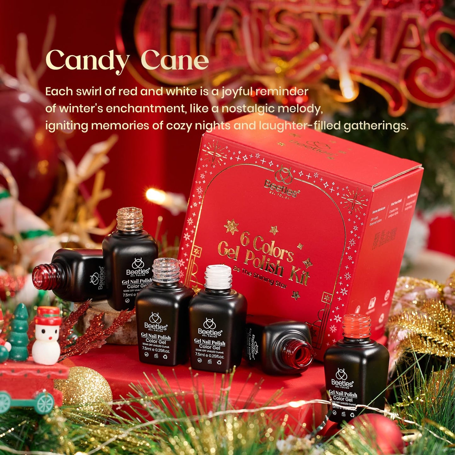 Beetles Gel Nail Polish - Candy Cane Gel Polish Set, 6 Color Burgundy Red Glitter White Silver Snow Holiday Sparkle Manicure Kit Soak off Uv Nail Art Beauty & Personal Care beetles Gel Polish