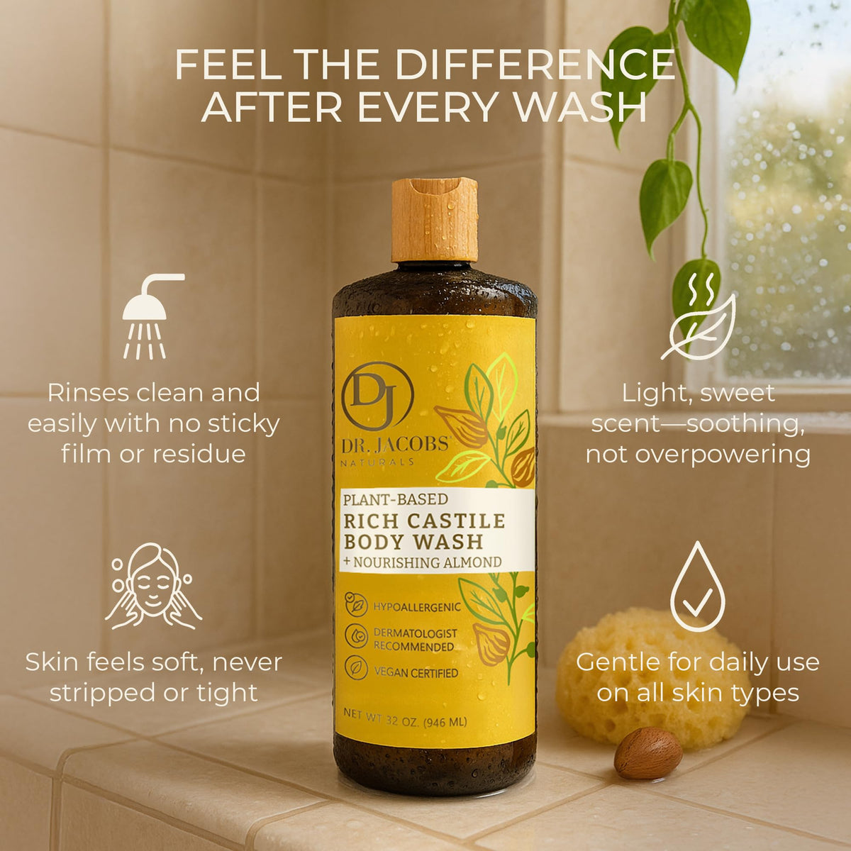 Dr. Jacobs Naturals Pure Castile Soap Liquid Body Wash, Almond - Plant Based Castile Soap Infused with Vitamin E and Aloe Vera to Moisturize Dry Beauty & Personal Care DR.JACOBS NATURALS