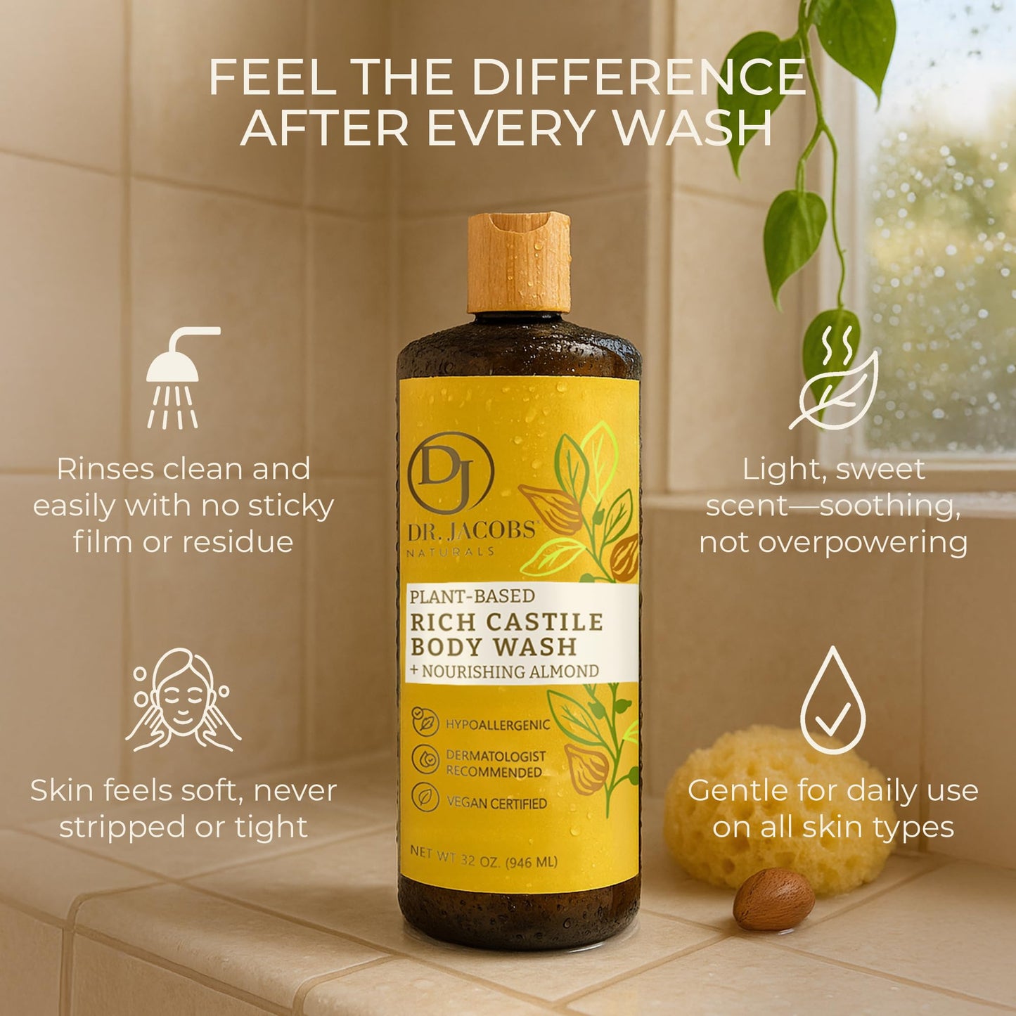 Dr. Jacobs Naturals Castile Almond All-Natural Body Wash for Moisturizing Dry and Sensitive Skin with Plant-Based Ingredients with Pump - 32 Ounce Beauty & Personal Care DR.JACOBS NATURALS