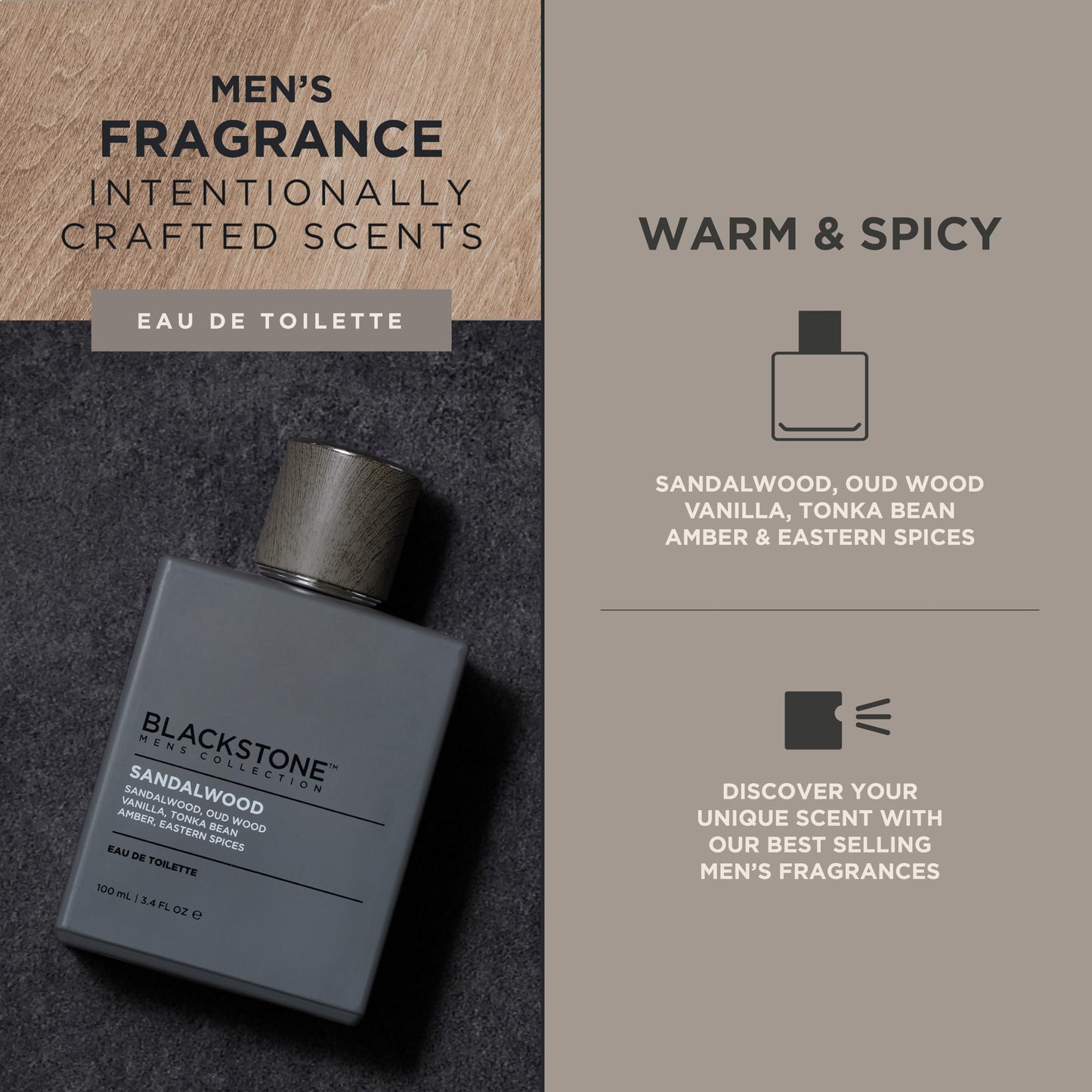 Blackstone Mens Collection Eau de Toilette - Sandalwood | Men's Fragrance, Long Lasting Cologne, with Sandalwood, Oud & Amber | Everyday Fragrance, Beauty & Personal Care Blackstone