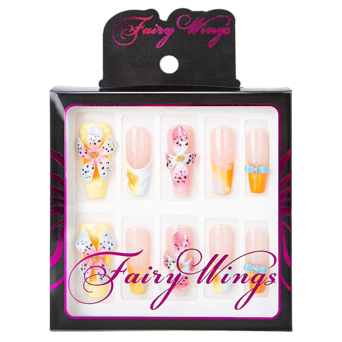 FAIRY WINGS Reusable Press on Nails | Salon Quality Sustainable Style Handcrafted with Luxury Design | COFFIN CLASSIC (W0001, L)
