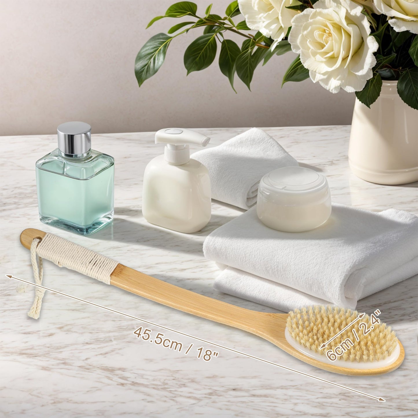 VOCOSTE Boar Bristle Dry Brushing Body Brush, 18inch Bath Brush Curved Long Handle for Shower, Wooden Body Brush for Showering and Exfoliating, Body Beauty and Personal Care VOCOSTE