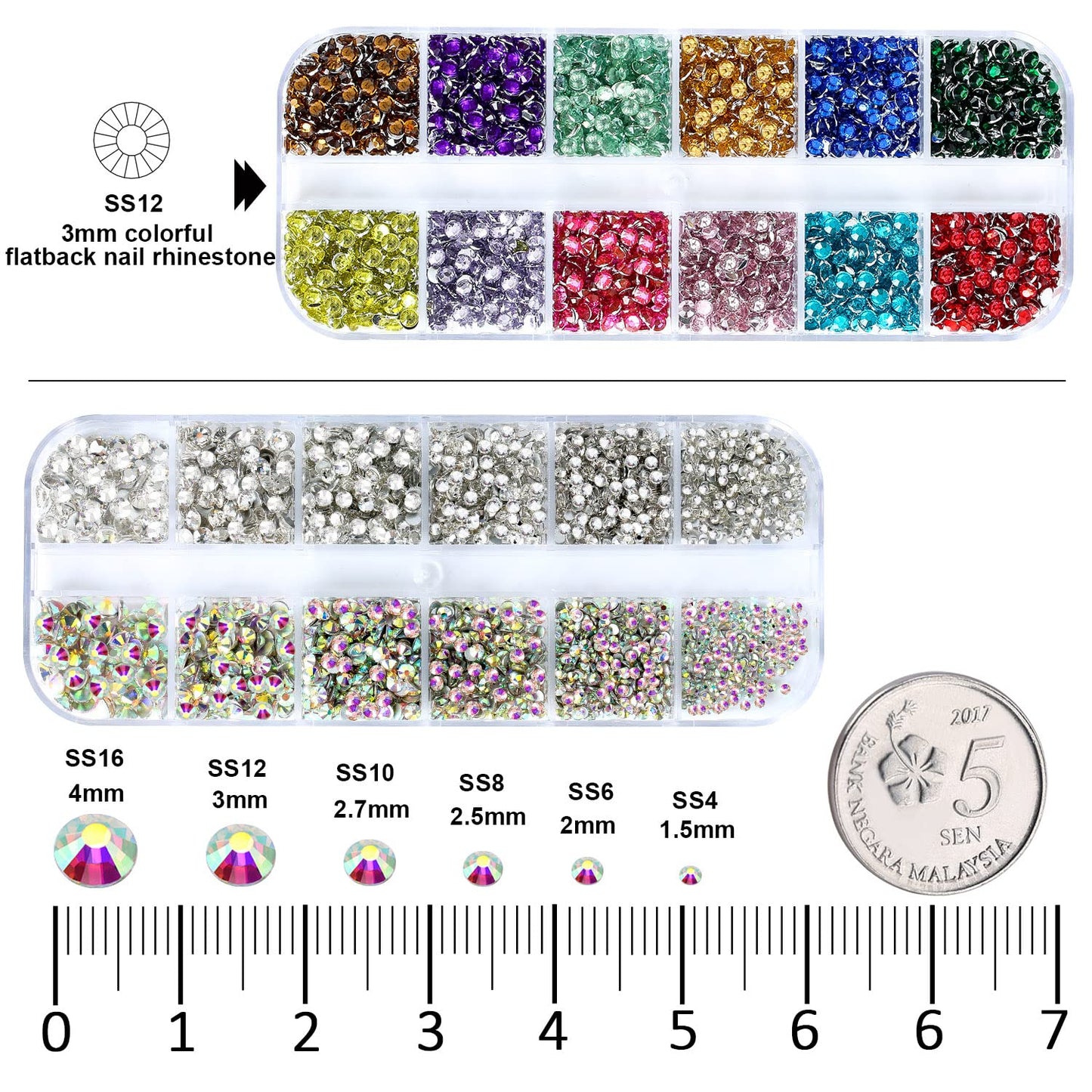 4968Pcs Colorful Flatback Rhinestones for Bedazzling, 1.5-4mm White AB Small Rhinestones Kit, Flat Back Glass Crystals Gems Diamonds for Crafts Beauty & Personal Care MYYKO
