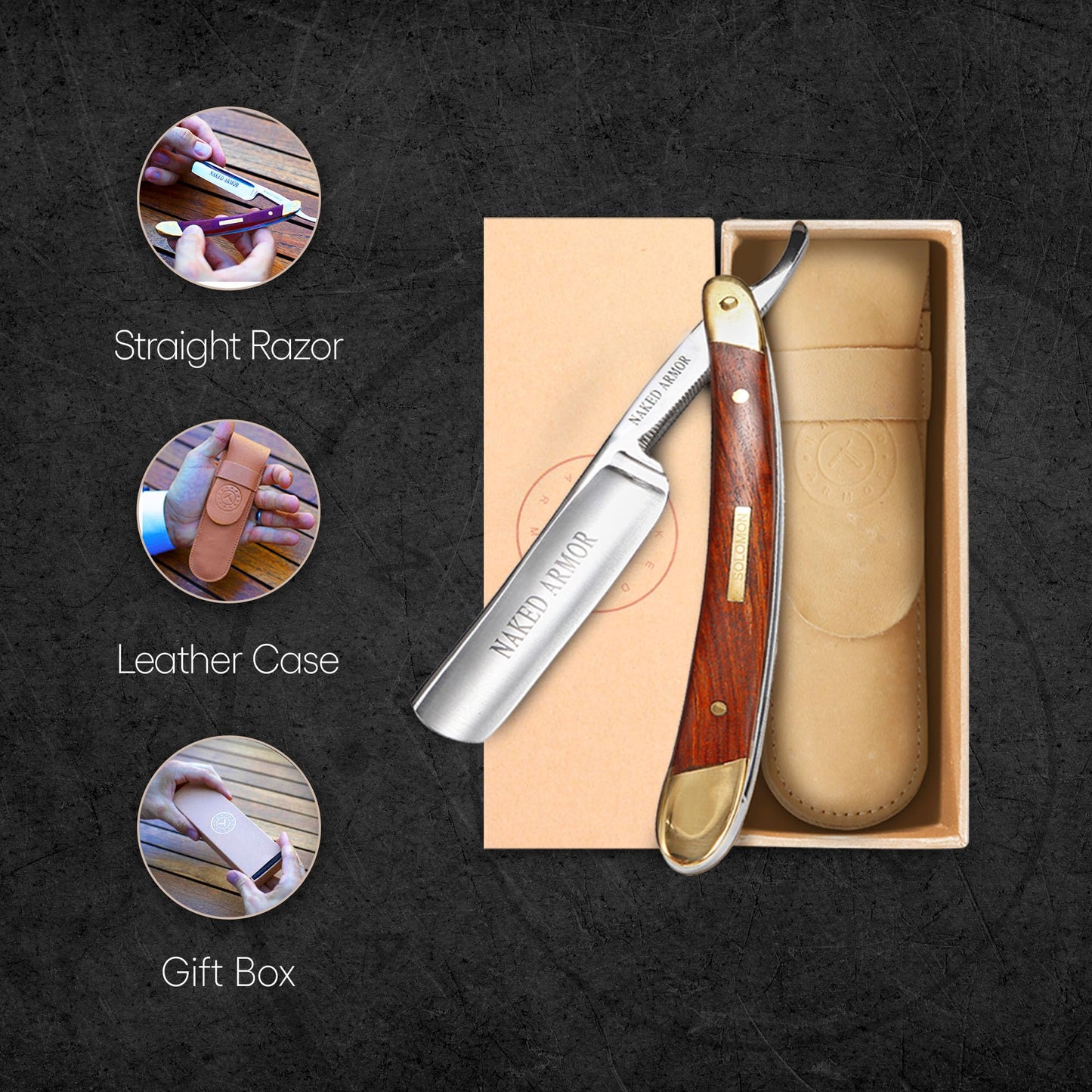 Naked Armor Solomon Straight Razor - Shave Ready 7/8" Round Nose Japanese Steel Straight Razors for Men with Algum Wood Scale, Case Included, Close Beauty and Personal Care Naked Armor