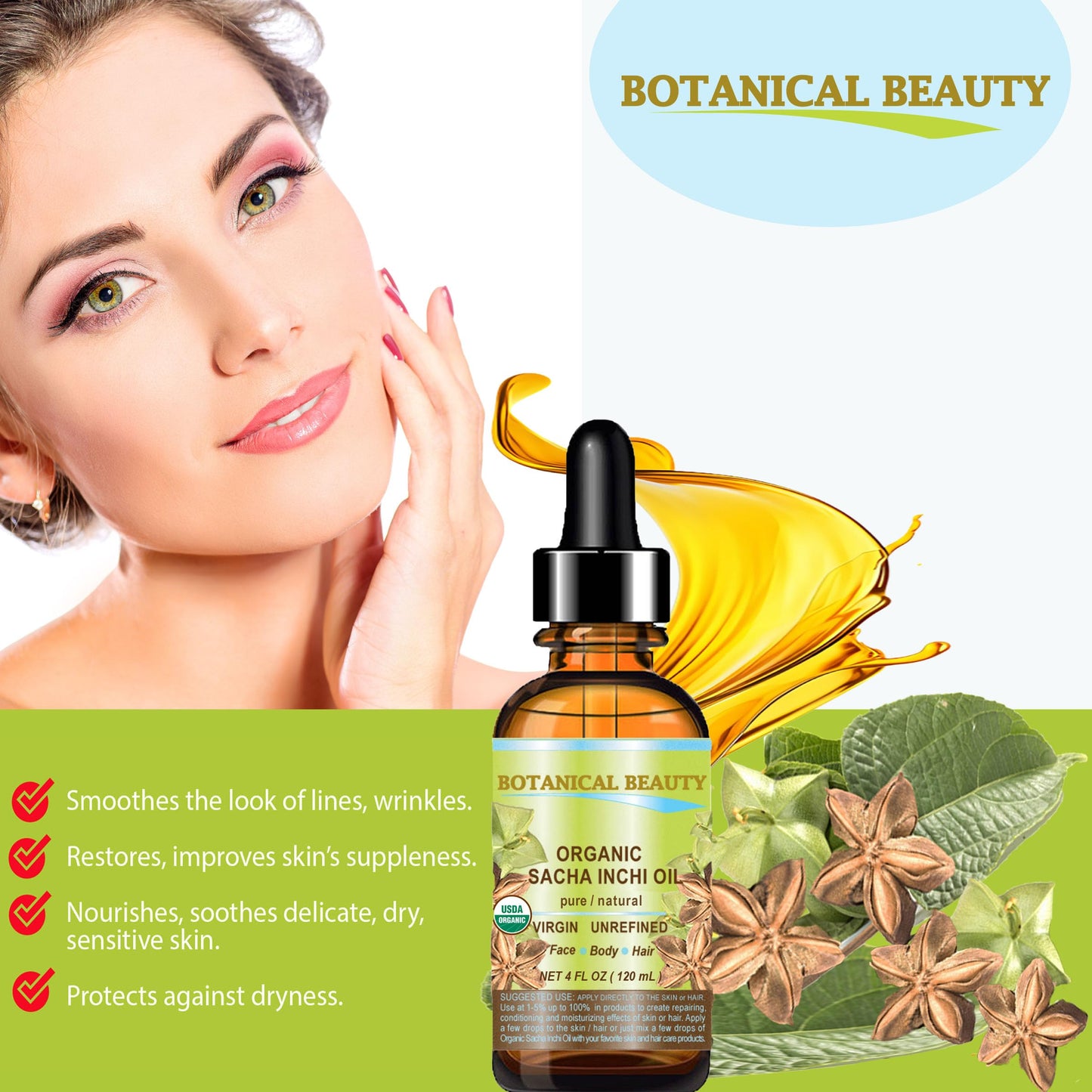 Botanical Beauty Organic SACHA INCHI OIL 100% Natural Pure Undiluted Virgin Unrefined Cold Pressed Carrier Certified Organic Oil For Face, Skin, Hair Beauty & Personal Care Botanical Beauty