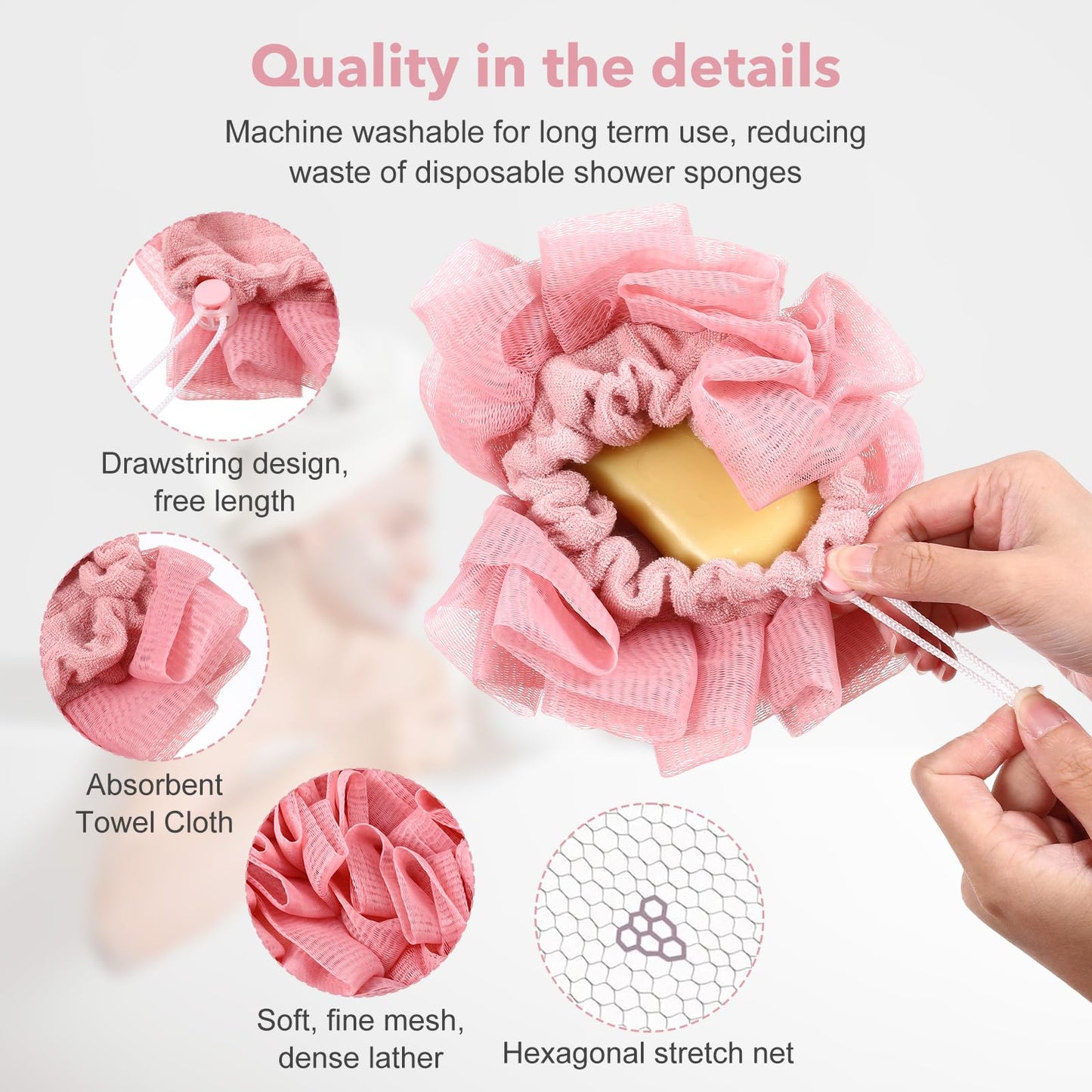 WJIAAA Loofah Washcloth Combo, 3 Pack 2-in-1 Exfoliating Shower Pouf Soap Pocket Drawstring Exfoliation Mesh Ball Hold Bar Soap Loofah Washcloth Body Beauty and Personal Care WJIAAA