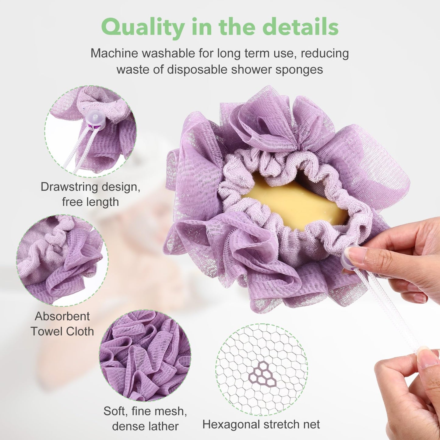 WJIAAA Loofah Washcloth Combo, 3 Pack 2-in-1 Exfoliating Shower Pouf Soap Pocket Drawstring Exfoliation Mesh Ball Hold Bar Soap Loofah Washcloth Body Beauty and Personal Care WJIAAA