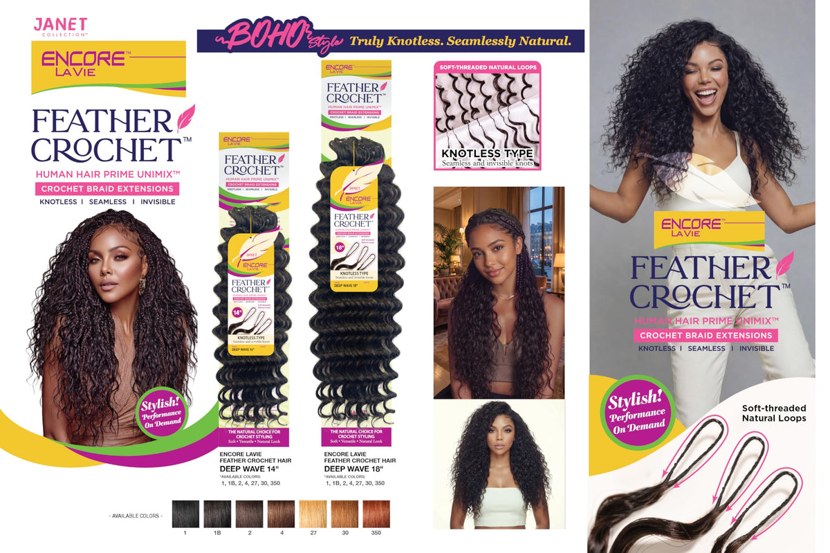 Janet Collection Encore Lavie Pre-Separated Feather Crochet Deep Wave 18" - Knotless Crochet Braid Extensions (color #350)
