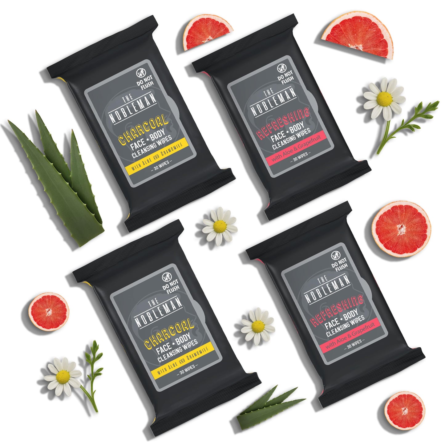 The Nobleman 4-Pack Face + Body Aloe Infused Cleansing Wipes: 2 Charcoal Packs with Chamomile and 2 Refreshing Packs with Grapefruit (120 Ct.) Beauty & Personal Care The Nobleman