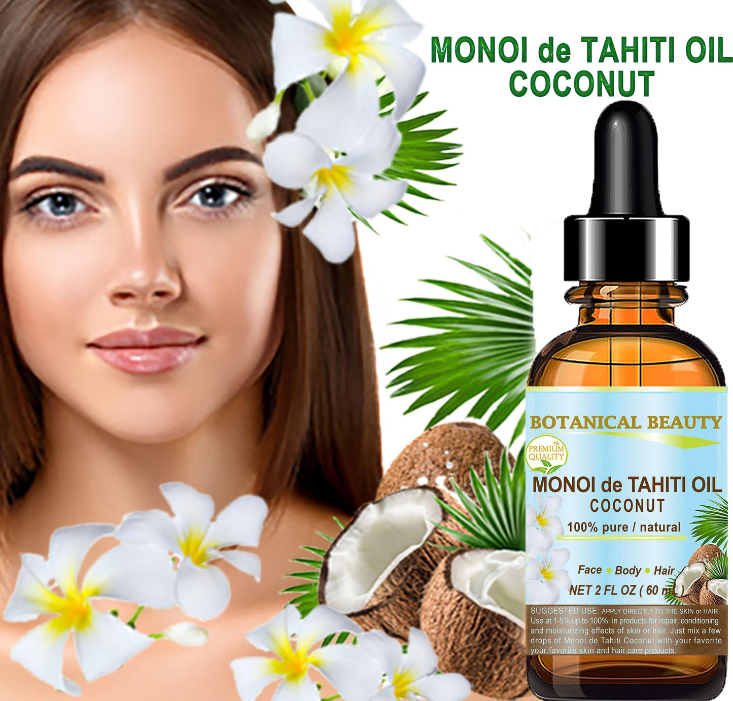 Botanical Beauty MONOI de TAHITI OIL COCONUT 100% Pure Natural Virgin Unrefined RAW 2 Fl. Oz.- 60 ml for FACE, SKIN, BODY, HAIR, NAILS Beauty & Personal Care Botanical Beauty