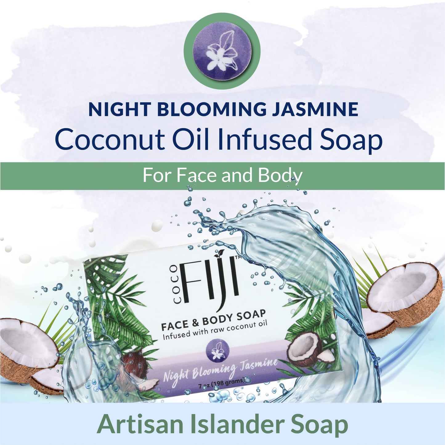 "Coco Fiji Soap Bar for Face and Body Infused With Organic Coconut Oil, Night Blooming Jasmine Essential Oil, Natural Soap for Moisturizing & Pore Beauty & Personal Care Organic Fiji