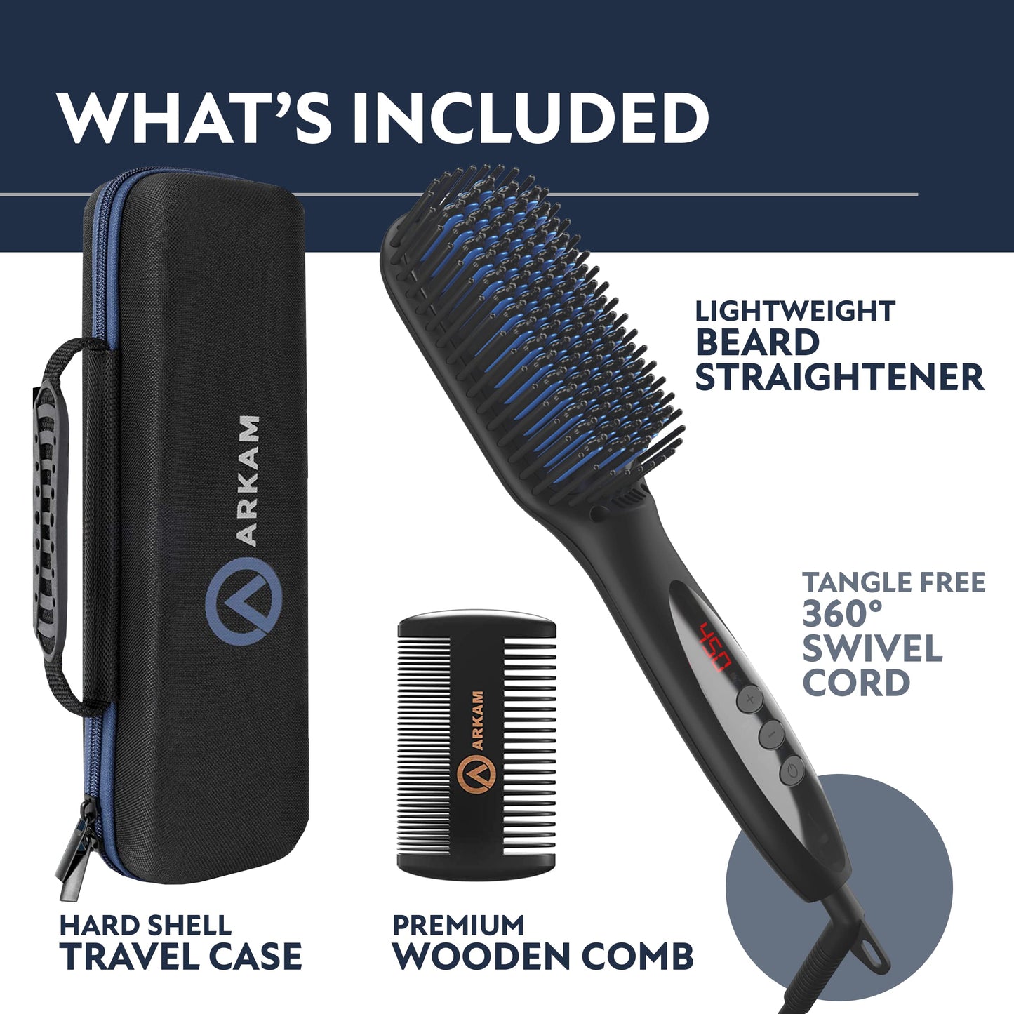 Arkam Beard Straightener for Men -Premium Heated Beard Brush Kit w/Anti-Scald Feature, Dual Action Hair Comb and Hard Shell Travel Case for Medium Beauty and Personal Care Arkam