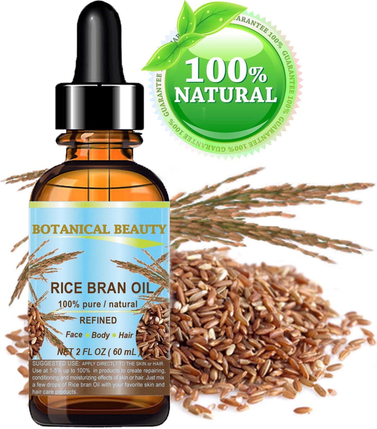 Botanical Beauty RICE BRAN OIL 100% Pure Natural Refined Undiluted Cold Pressed Carrier Oil for Face, Skin, Body, Hair, Massage, Nails. (2 Fl Oz) Beauty & Personal Care Botanical Beauty