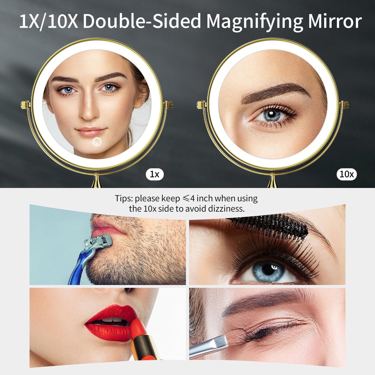 DOWRY 4000 mAh Rechargeable Lighted Makeup Mirror 10x Magnification Vanity Mirror Tabletop Two-Sided Swivel Gifts for Women Wife Mom Teengirls Gold Beauty & Personal Care DOWRY
